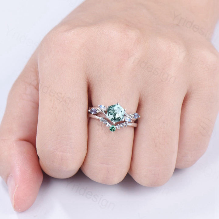 Hexagon Moss Agate Engagement Ring Set, Alexandrite, Moonstone, Emerald Band - PENFINE