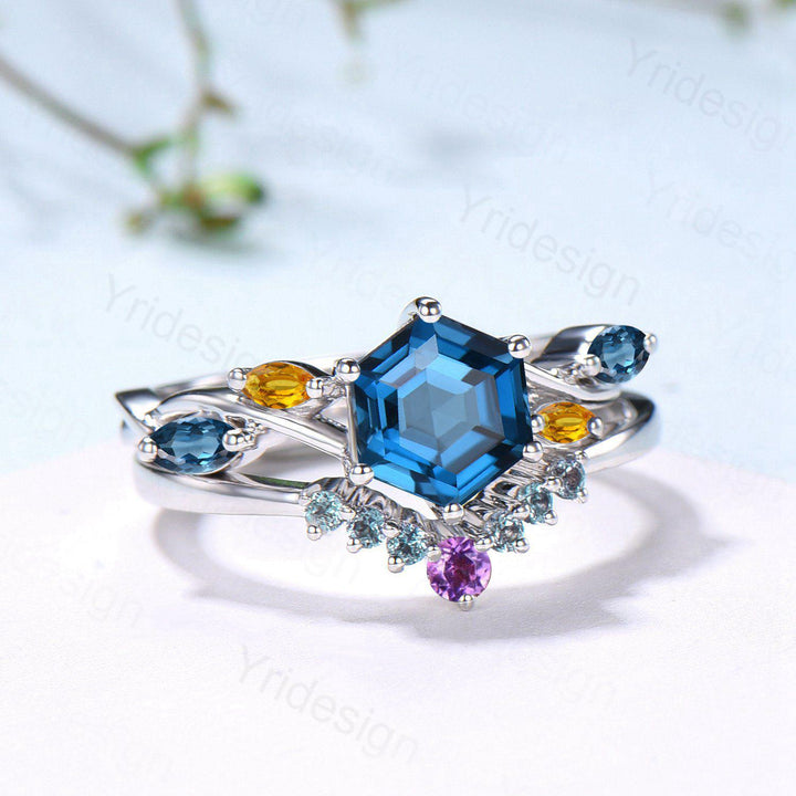 Unique Hexagon Cut London Blue Topaz Engagement Ring Set, Art Deco Marqusie Citrine Wedding Band, Alexandrite Amethyst Stacking Band - PENFINE