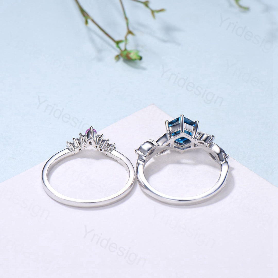 Unique Hexagon Cut London Blue Topaz Engagement Ring Set, Art Deco Marqusie Citrine Wedding Band, Alexandrite Amethyst Stacking Band - PENFINE