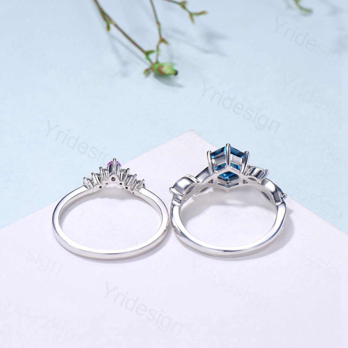 Unique Hexagon Cut London Blue Topaz Engagement Ring Set, Art Deco Marqusie Citrine Wedding Band, Alexandrite Amethyst Stacking Band - PENFINE