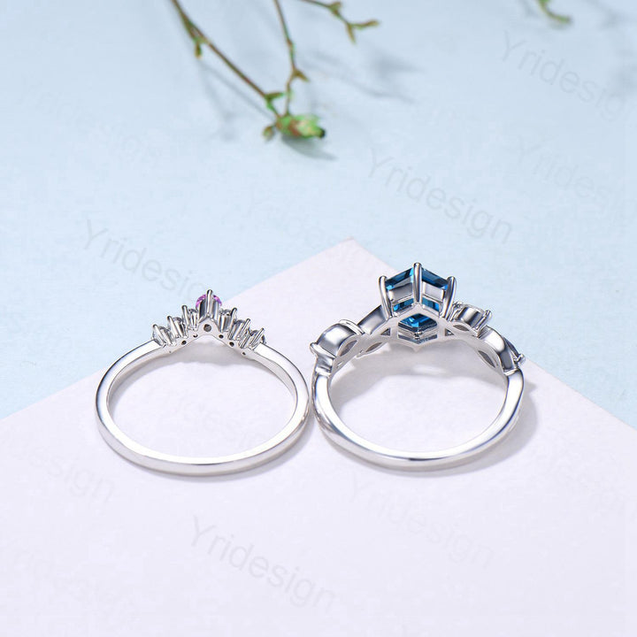 Unique Hexagon Cut London Blue Topaz Engagement Ring Set, Art Deco Marqusie Citrine Wedding Band, Alexandrite Amethyst Stacking Band - PENFINE