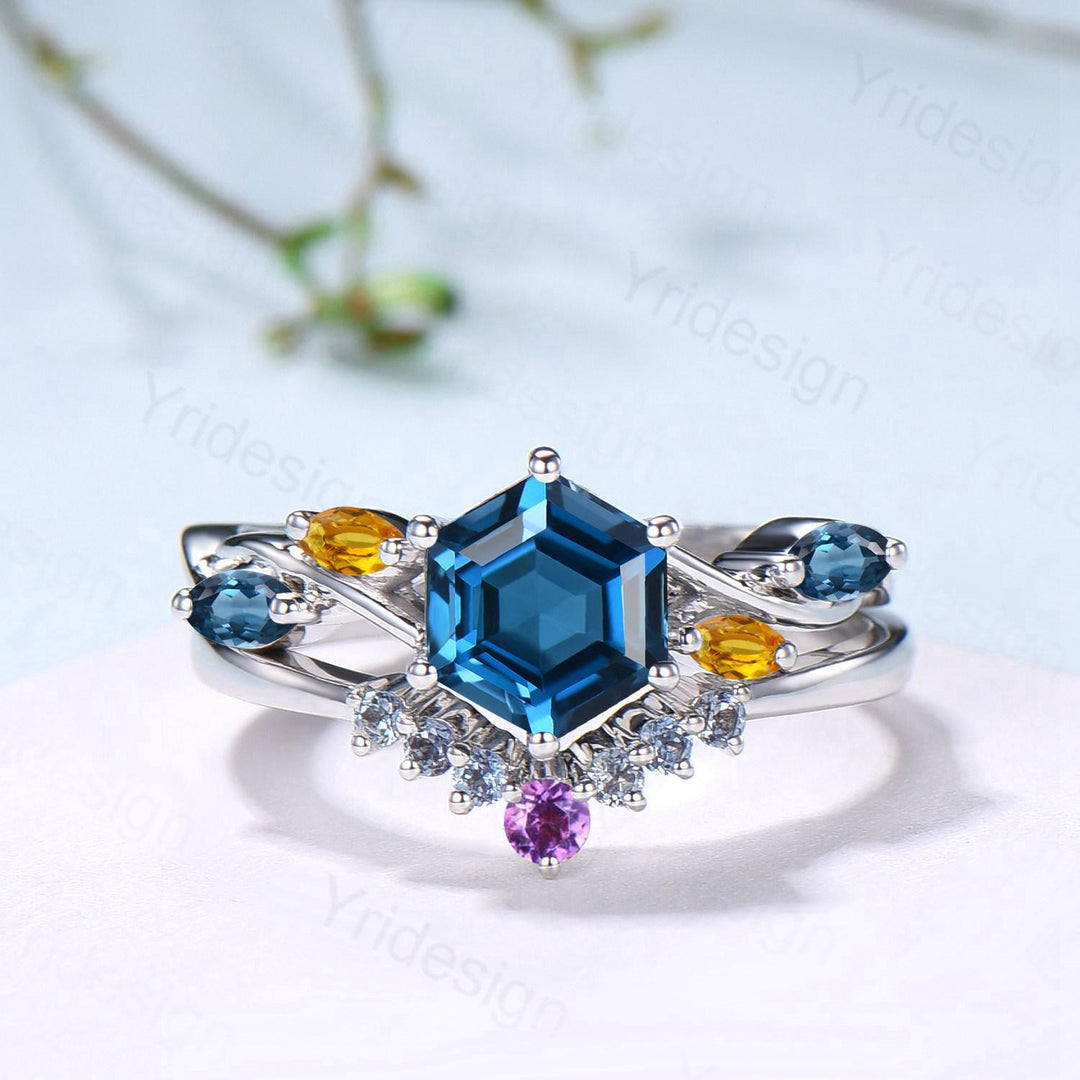 Unique Hexagon Cut London Blue Topaz Engagement Ring Set, Art Deco Marqusie Citrine Wedding Band, Alexandrite Amethyst Stacking Band - PENFINE