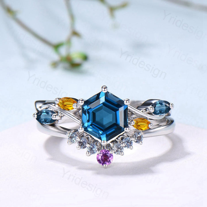 Unique Hexagon Cut London Blue Topaz Engagement Ring Set, Art Deco Marqusie Citrine Wedding Band, Alexandrite Amethyst Stacking Band - PENFINE