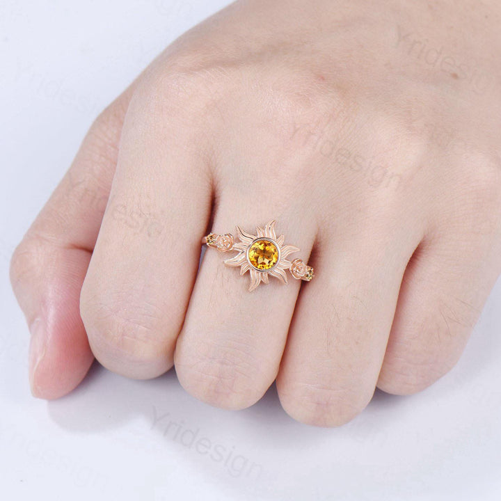 Sunflower Citrine Engagement Ring,  Rose Gold Flower Three Stone Ring - PENFINE