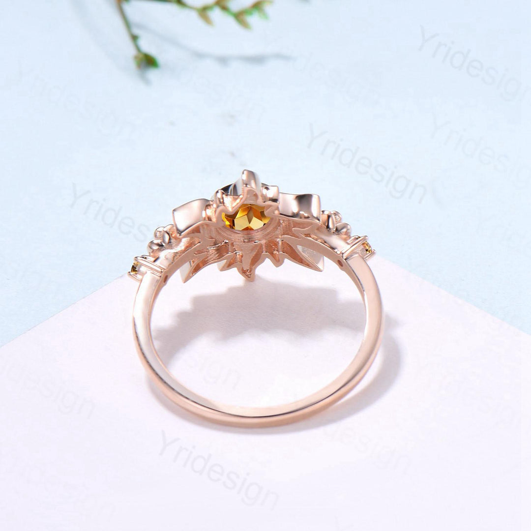 Sunflower Citrine Engagement Ring,  Rose Gold Flower Three Stone Ring - PENFINE