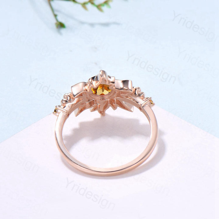 Sunflower Citrine Engagement Ring,  Rose Gold Flower Three Stone Ring - PENFINE