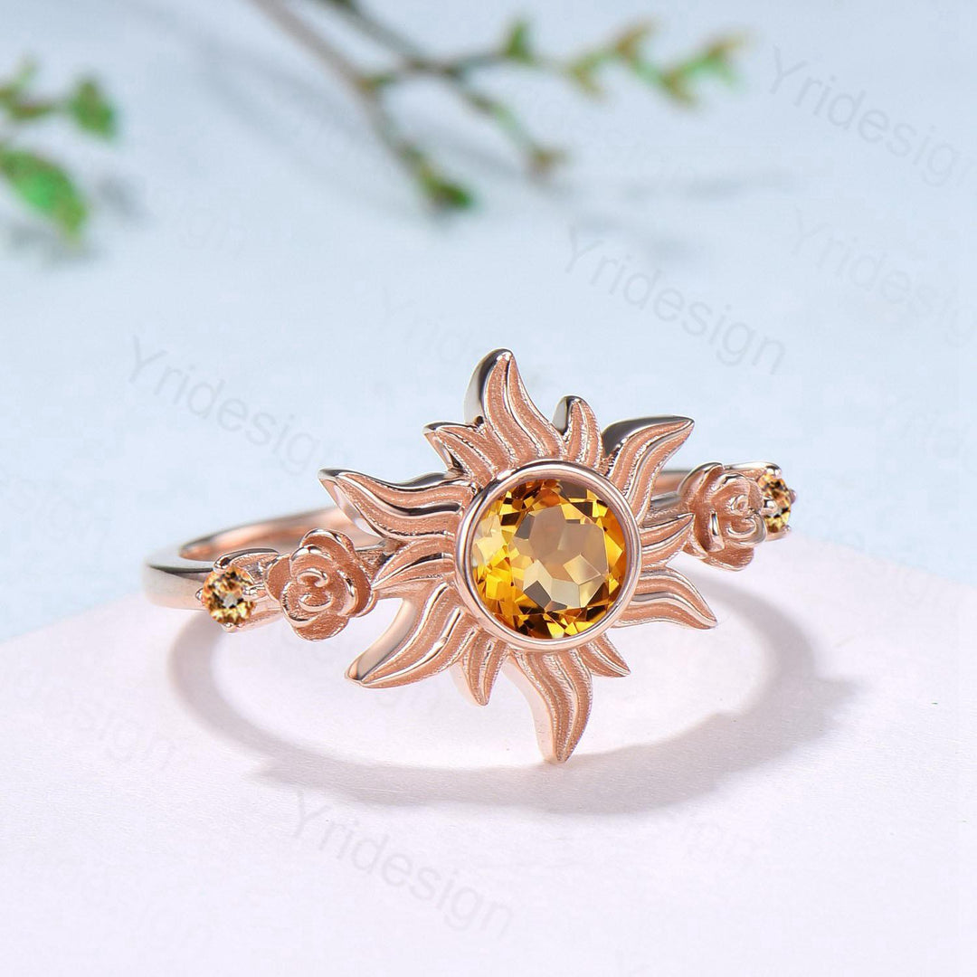 Sunflower Citrine Engagement Ring,  Rose Gold Flower Three Stone Ring - PENFINE