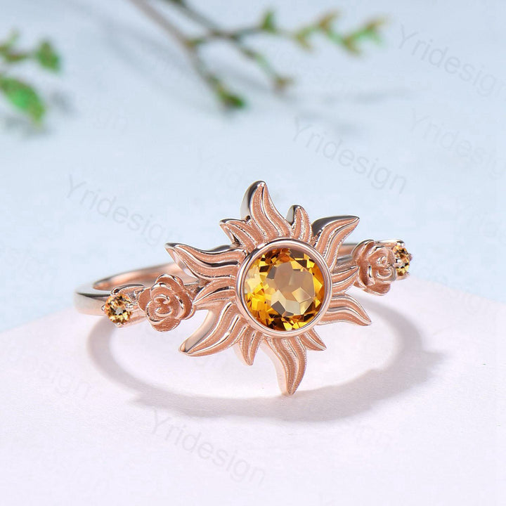 Sunflower Citrine Engagement Ring,  Rose Gold Flower Three Stone Ring - PENFINE