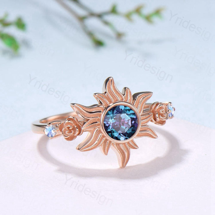Rose Gold Sunflower Moonstone Engagement Ring & Tiny Alexandrite Accents | Celestial Flower Statement Ring for Women - PENFINE