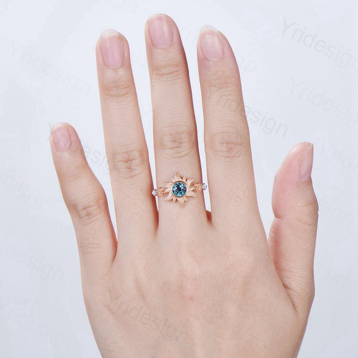 Rose Gold Sunflower Moonstone Engagement Ring & Tiny Alexandrite Accents | Celestial Flower Statement Ring for Women - PENFINE