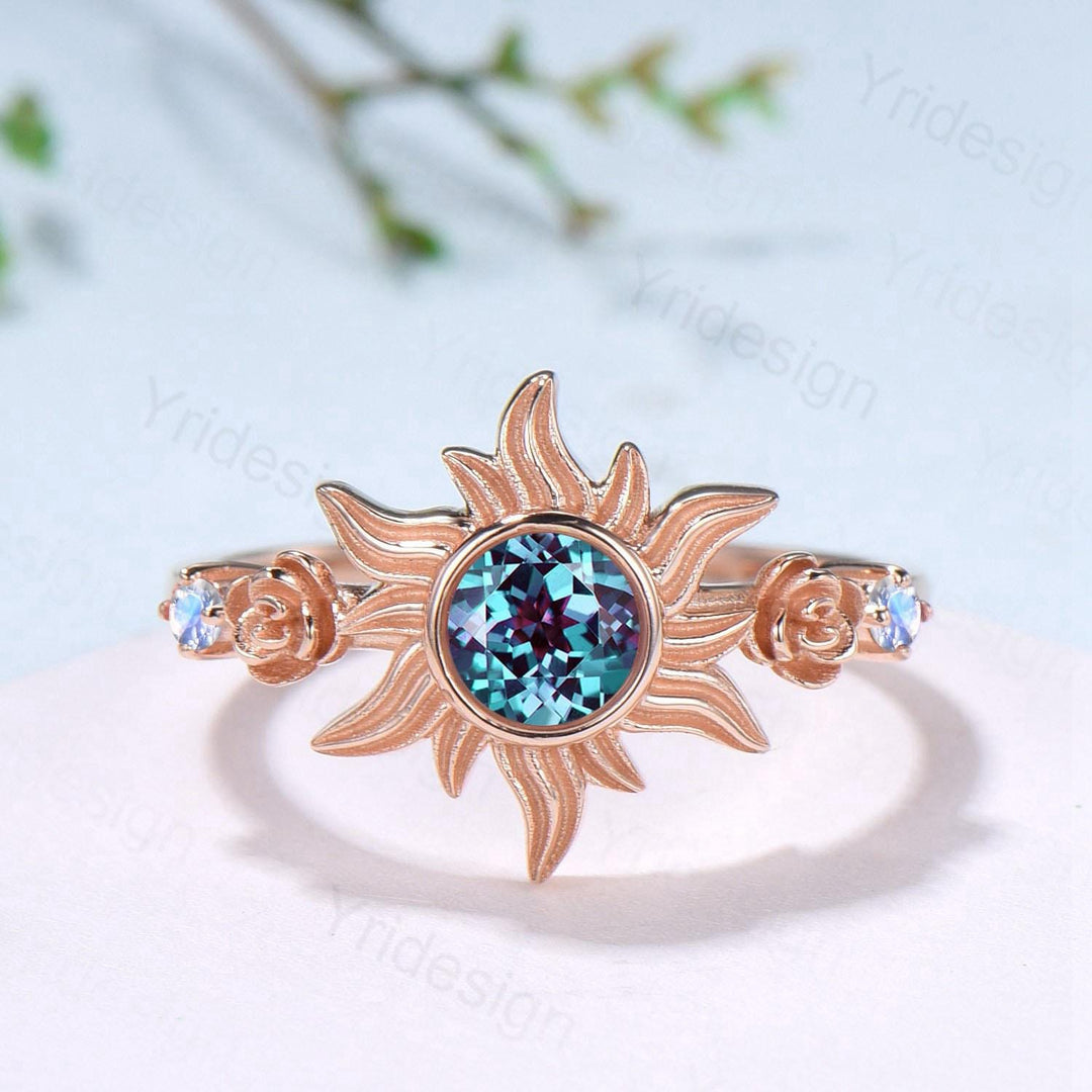 Rose Gold Sunflower Moonstone Engagement Ring & Tiny Alexandrite Accents | Celestial Flower Statement Ring for Women - PENFINE