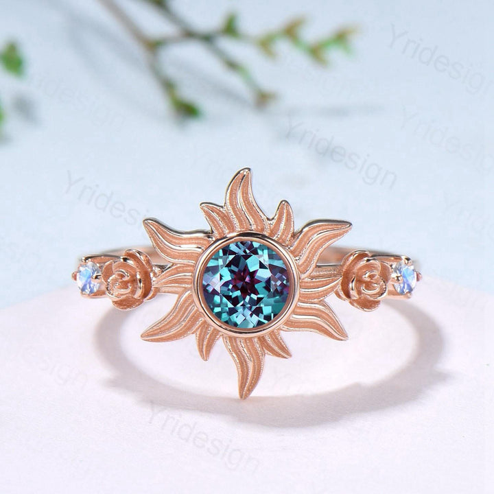 Rose Gold Sunflower Moonstone Engagement Ring & Tiny Alexandrite Accents | Celestial Flower Statement Ring for Women - PENFINE