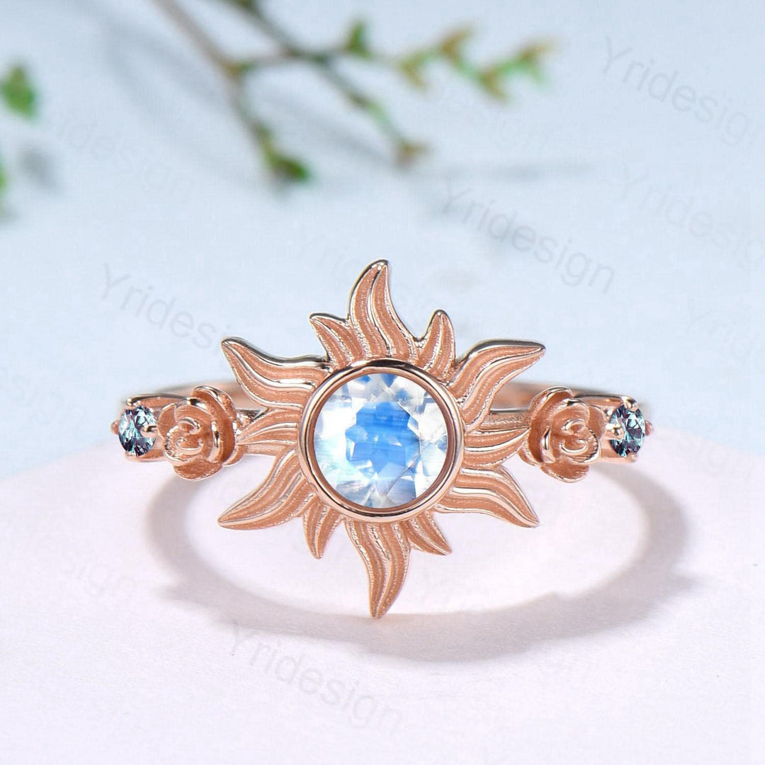 Vintage Sunflower Moonstone Engagement Ring & Tiny Alexandrite Accents | Celestial Flower Statement Ring for Women - PENFINE