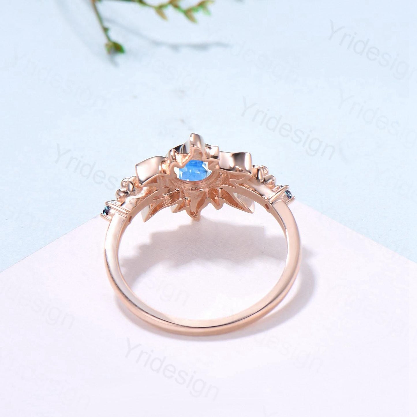 Vintage Sunflower Moonstone Engagement Ring & Tiny Alexandrite Accents | Celestial Flower Statement Ring for Women - PENFINE