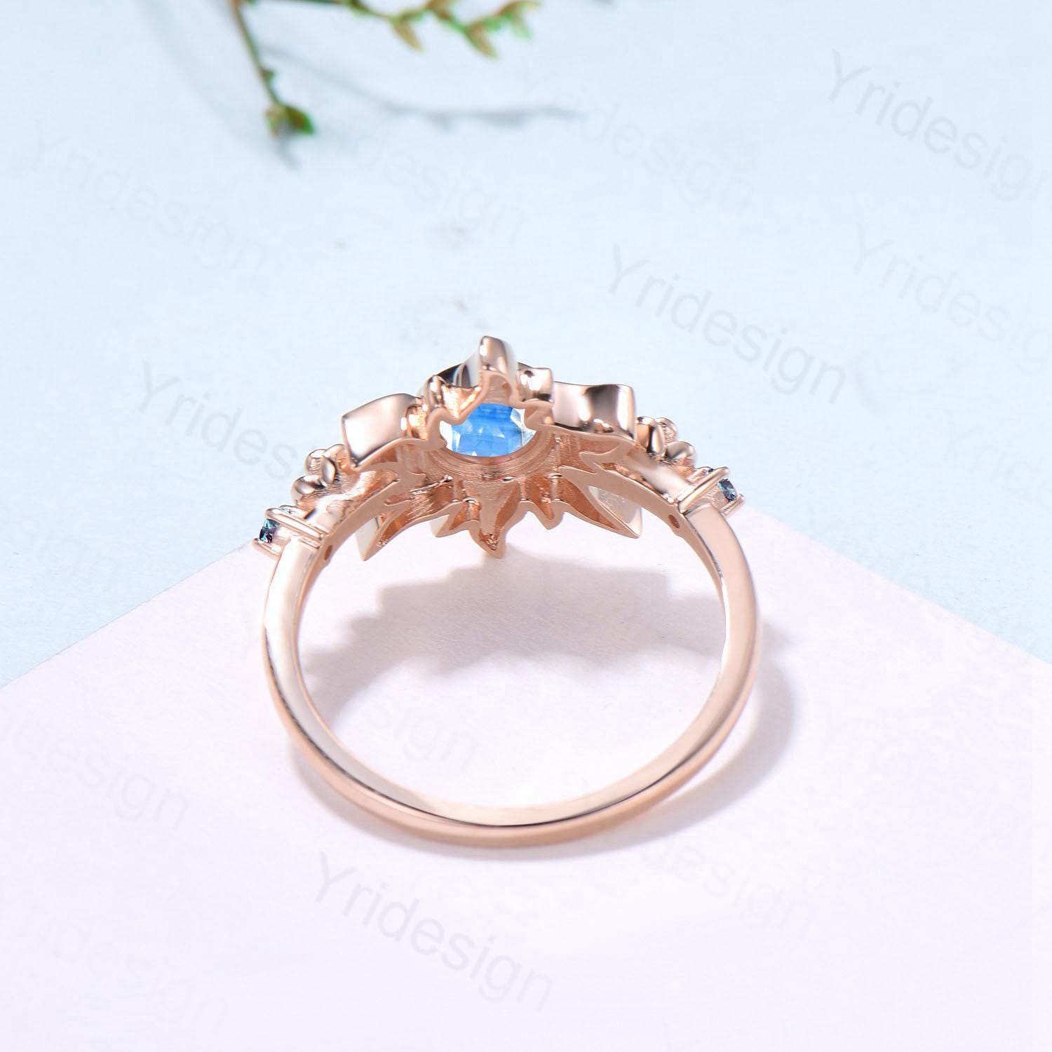 Vintage Sunflower Moonstone Engagement Ring & Tiny Alexandrite Accents | Celestial Flower Statement Ring for Women - PENFINE