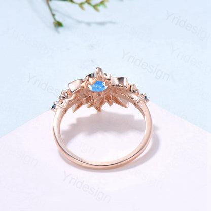 Vintage Sunflower Moonstone Engagement Ring & Tiny Alexandrite Accents | Celestial Flower Statement Ring for Women - PENFINE
