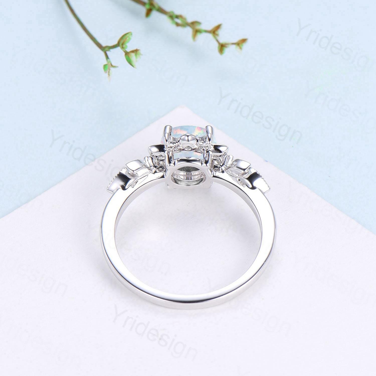Floral White Fire Opal Engagement Ring, Emerald & Amethyst Lotus,  White Gold Moon Jewelry - PENFINE