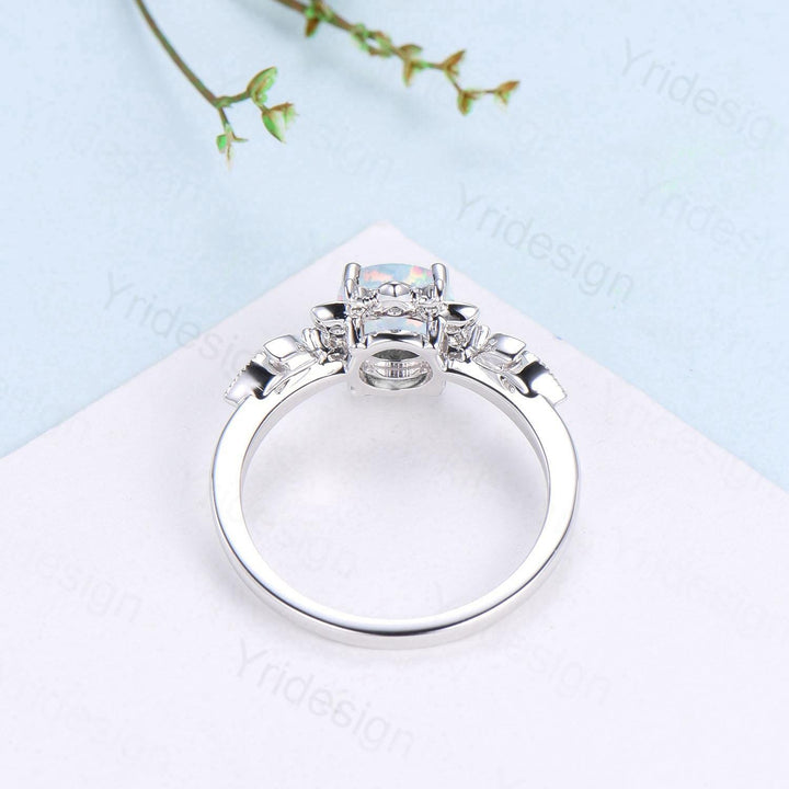Floral White Fire Opal Engagement Ring, Emerald & Amethyst Lotus,  White Gold Moon Jewelry - PENFINE