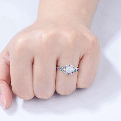 Floral White Fire Opal Engagement Ring, Emerald & Amethyst Lotus,  White Gold Moon Jewelry - PENFINE