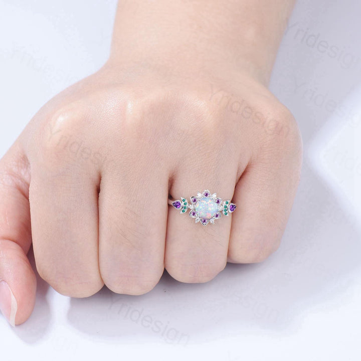 Floral White Fire Opal Engagement Ring, Emerald & Amethyst Lotus,  White Gold Moon Jewelry - PENFINE