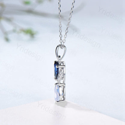 Vintage Oval Blue Sapphire Moonstone Snake Pendant Necklace, Art Deco Promise Gift - PENFINE