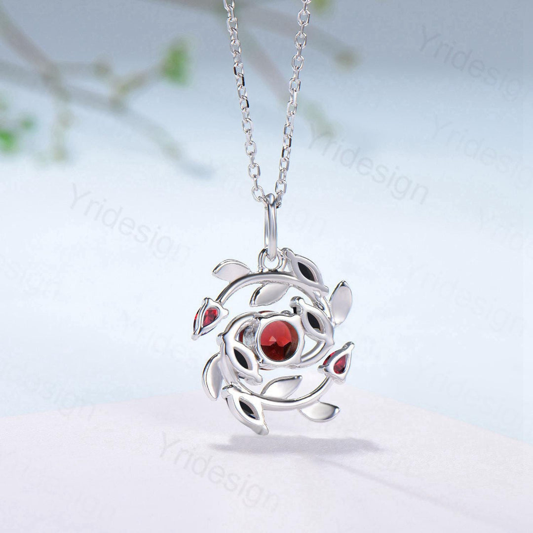 5mm Round Nature Inspired Garnet Necklace Unique Black Spinel Necklace Flower Wreath Pendant Snowflake Anniversary gift women - PENFINE