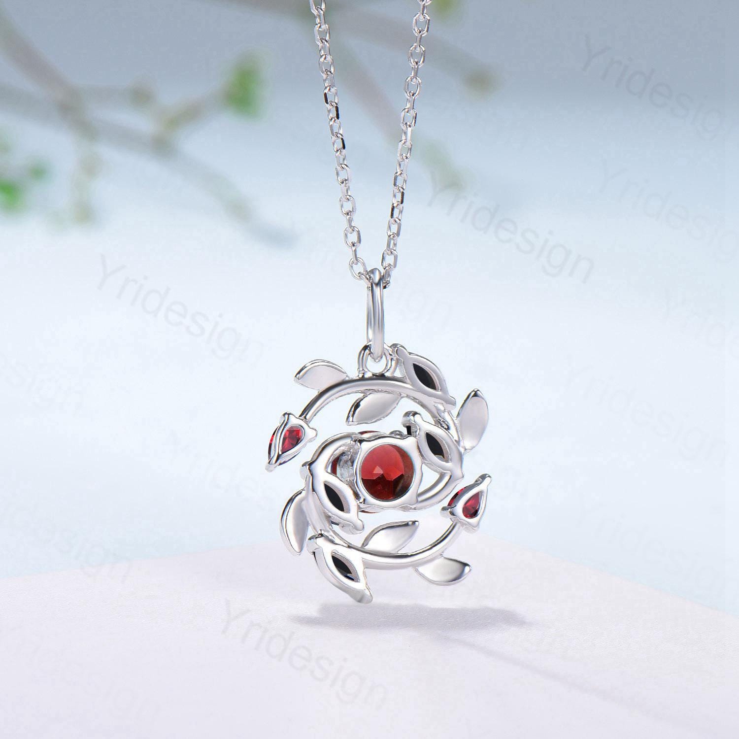 5mm Round Nature Inspired Garnet Necklace Unique Black Spinel Necklace Flower Wreath Pendant Snowflake Anniversary gift women - PENFINE