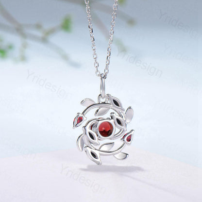 5mm Round Nature Inspired Garnet Necklace Unique Black Spinel Necklace Flower Wreath Pendant Snowflake Anniversary gift women - PENFINE