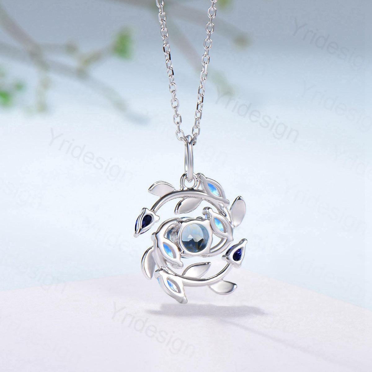 Elegant Aquamarine Necklace Pendant Blue Marquise Moonstone & Blue Sapphire, Vintage Style, Nature Inspired - PENFINE