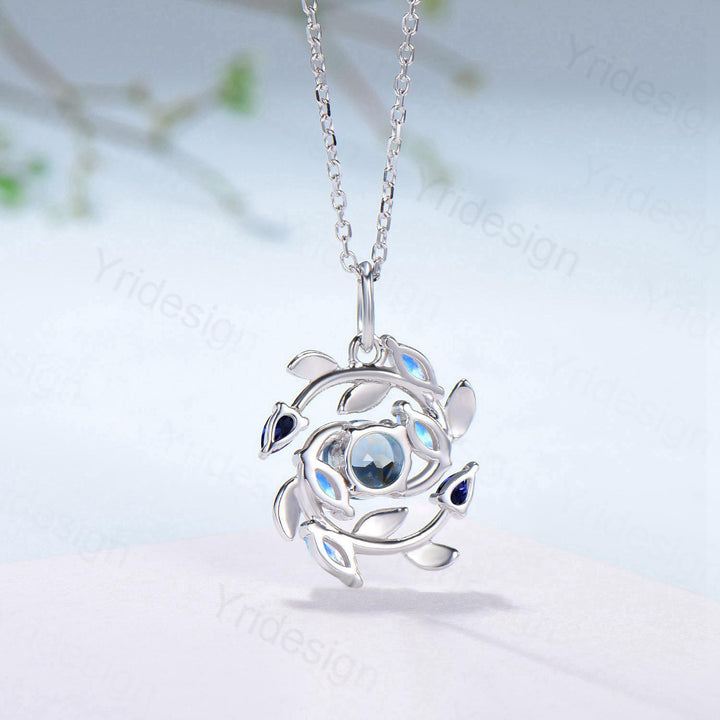 Elegant Aquamarine Necklace Pendant Blue Marquise Moonstone & Blue Sapphire, Vintage Style, Nature Inspired - PENFINE