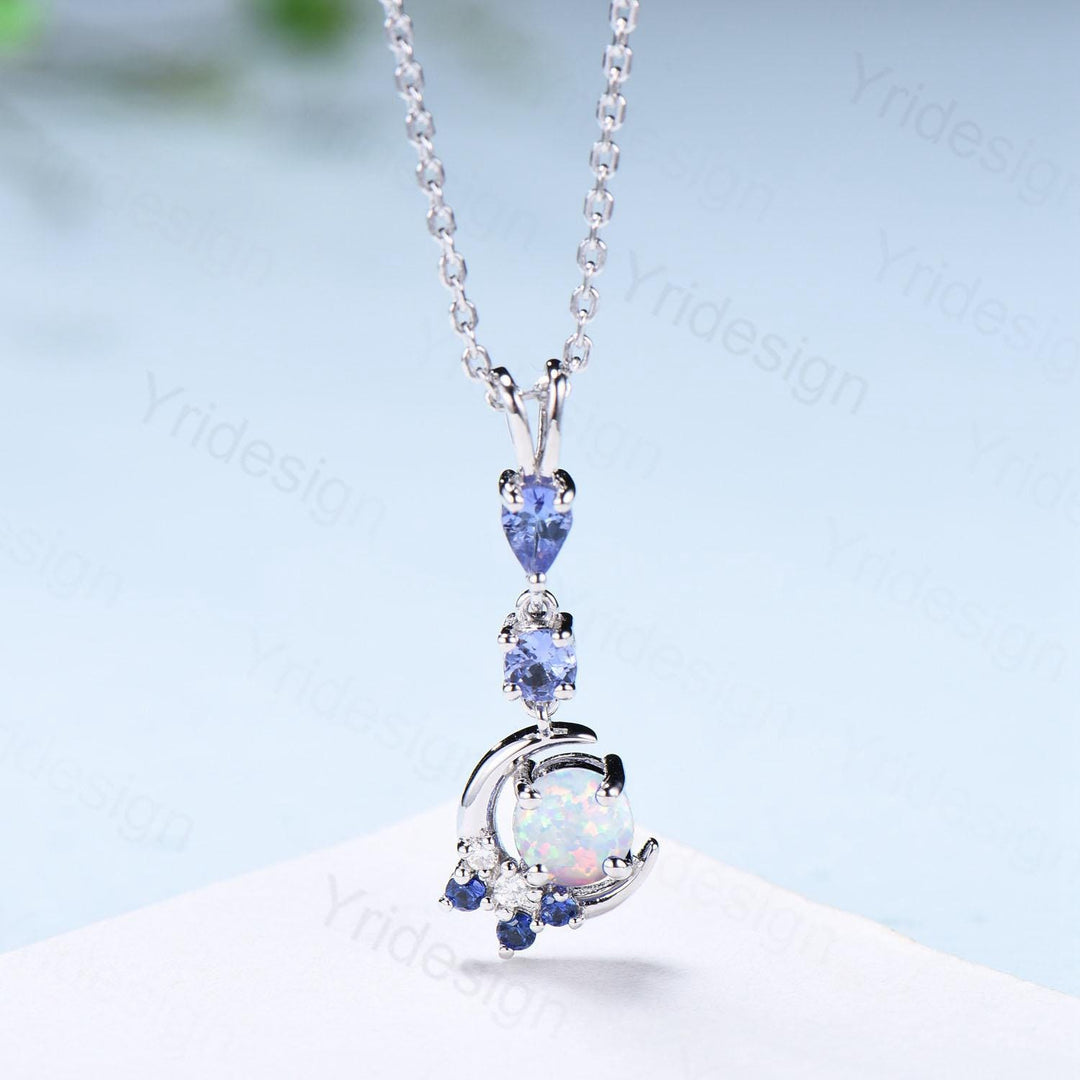 Unique Crescent Moon Fire Opal Necklace Elegant Cluster Sapphire tanzanite Pendant Necklace White gold silver necklace promise gift for wife - PENFINE