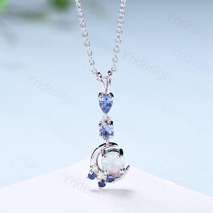 Unique Crescent Moon Fire Opal Necklace Elegant Cluster Sapphire tanzanite Pendant Necklace White gold silver necklace promise gift for wife - PENFINE