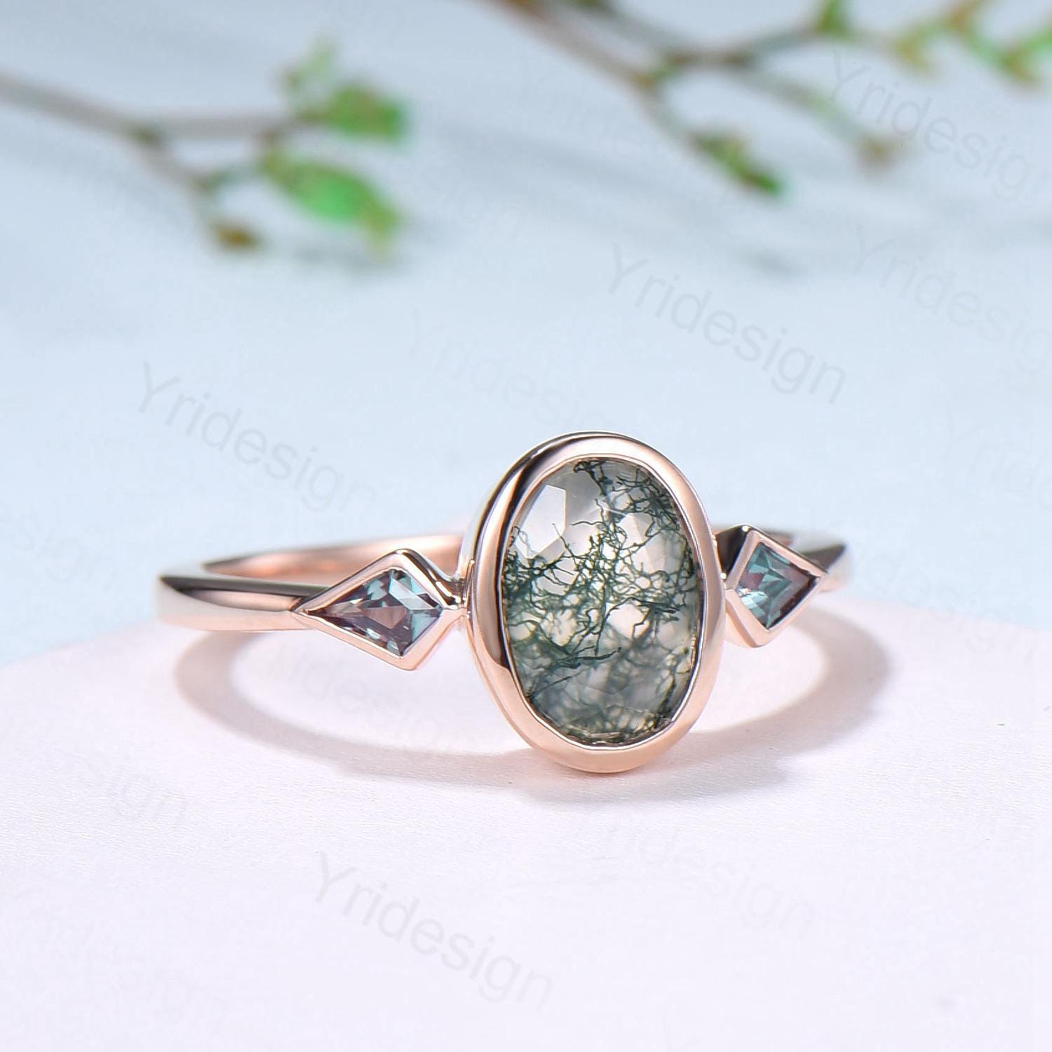 Oval Moss Agate Engagement Ring, Kite Alexandrite Accent, Bezel