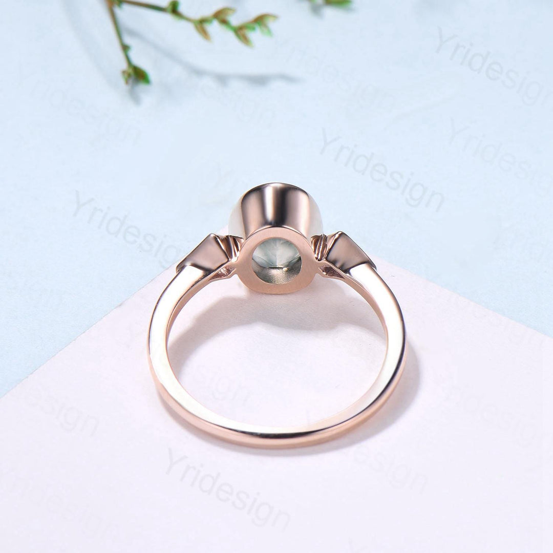 Oval Moss Agate Engagement Ring, Kite Alexandrite Accent, Bezel Set - PENFINE