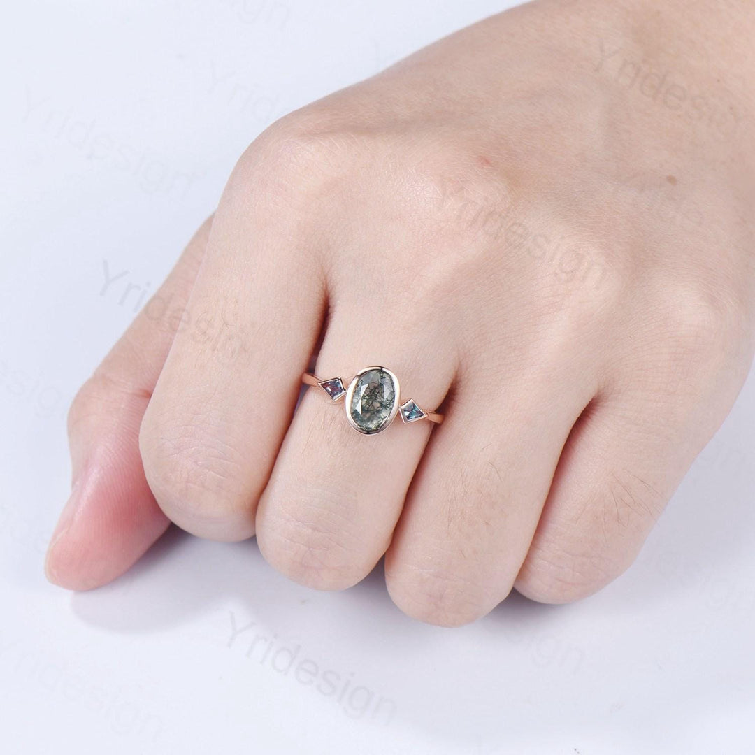 Oval Moss Agate Engagement Ring, Kite Alexandrite Accent, Bezel Set - PENFINE
