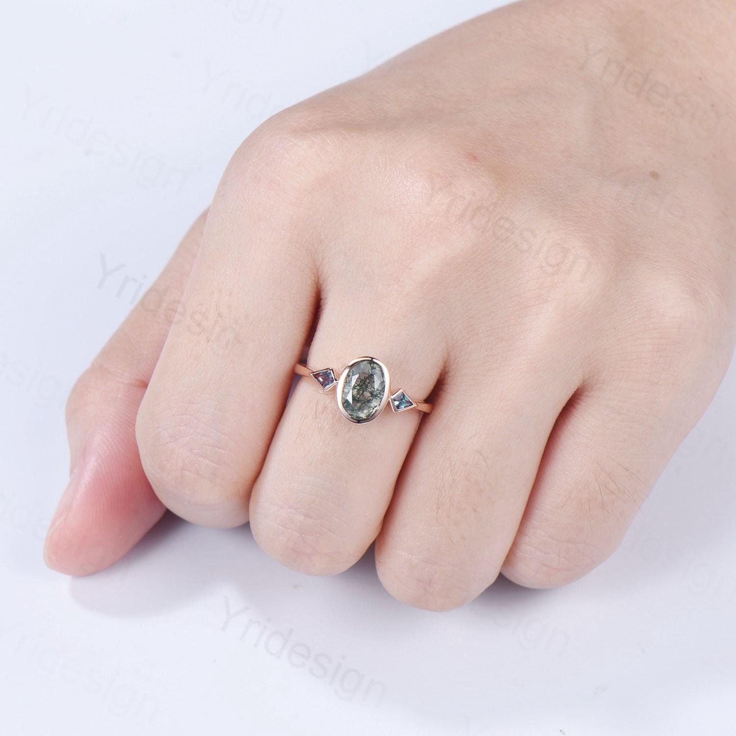 Oval Moss Agate Engagement Ring, Kite Alexandrite Accent, Bezel Set - PENFINE