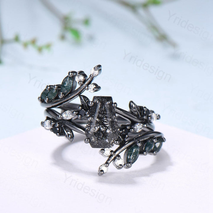 Gothic coffin cut black rutilated quartz engagement ring set black gold cluster engagement ring leaf vine nature inspired agate wedding set - PENFINE