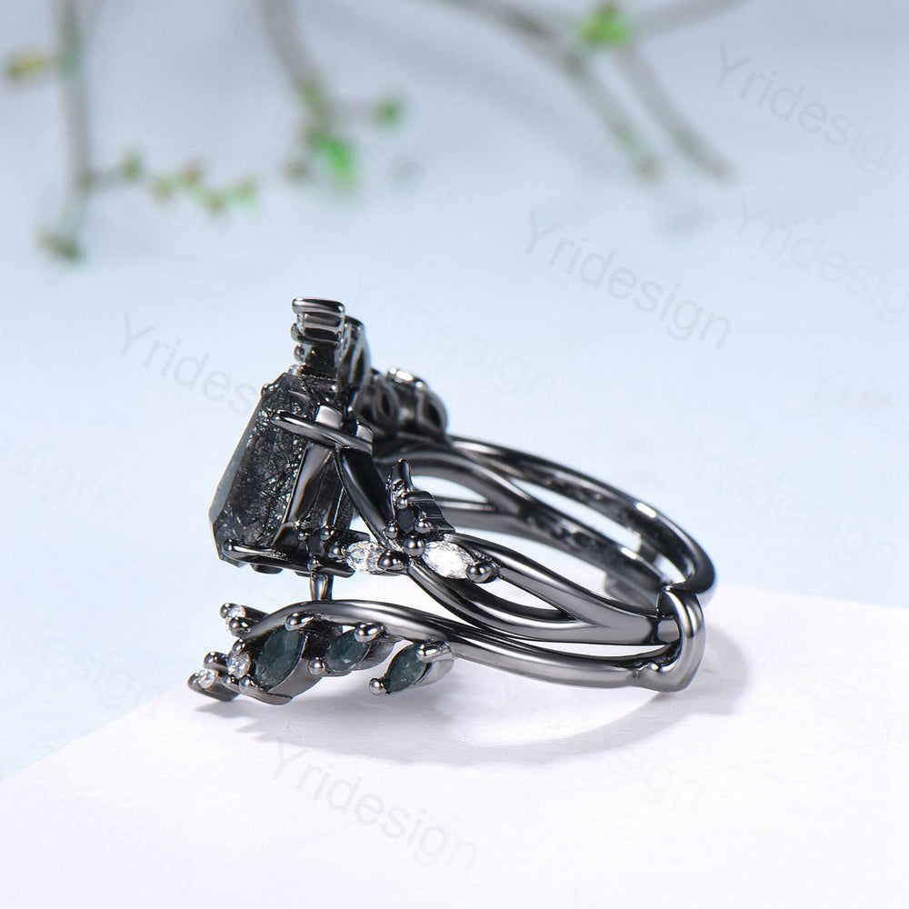 Gothic coffin cut black rutilated quartz engagement ring set black gold cluster engagement ring leaf vine nature inspired agate wedding set - PENFINE