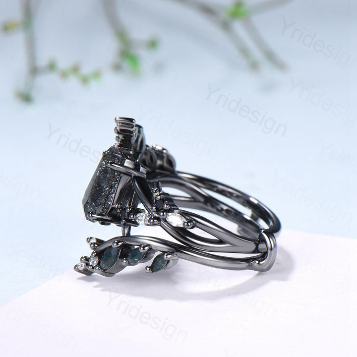Gothic coffin cut black rutilated quartz engagement ring set black gold cluster engagement ring leaf vine nature inspired agate wedding set - PENFINE