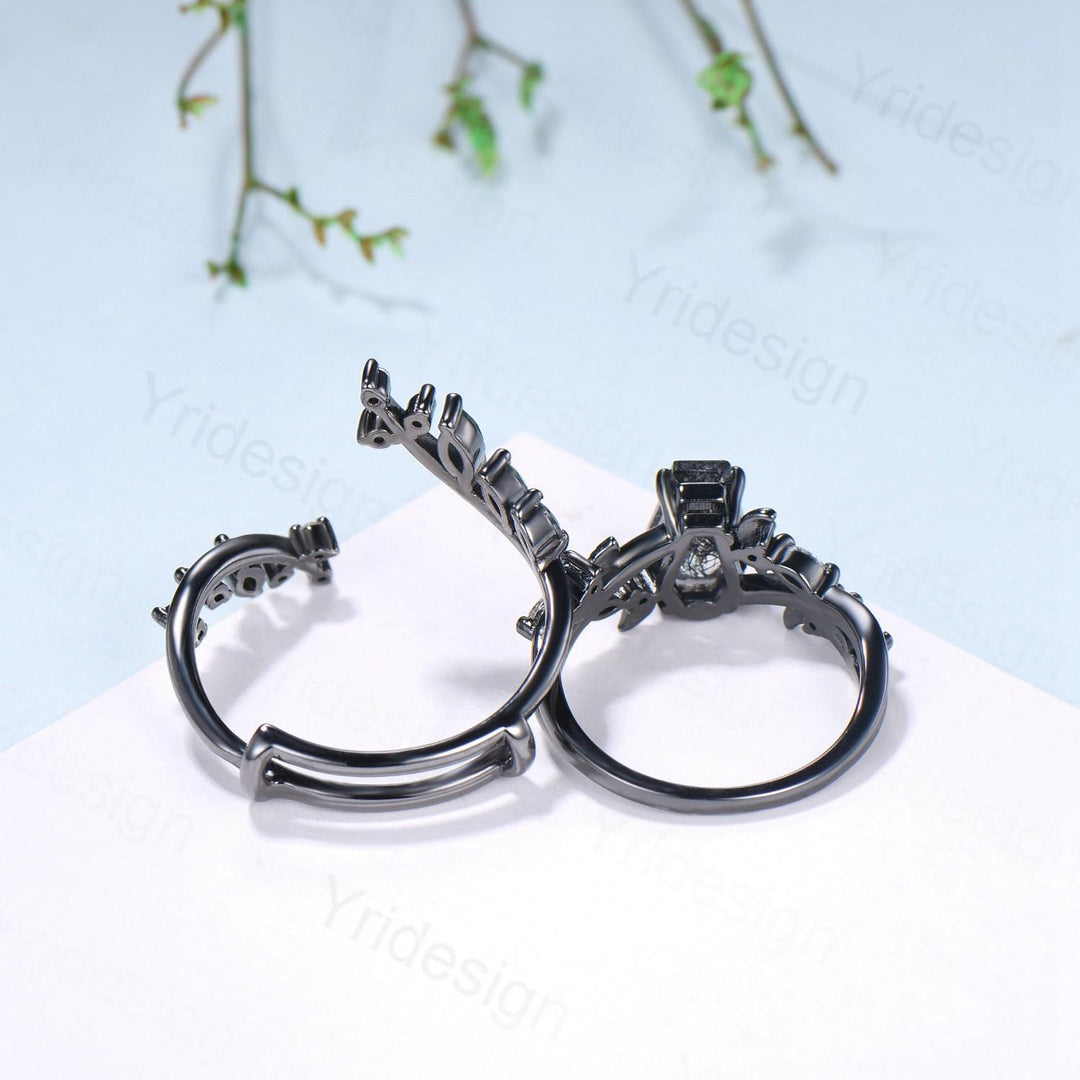 Gothic coffin cut black rutilated quartz engagement ring set black gold cluster engagement ring leaf vine nature inspired agate wedding set - PENFINE