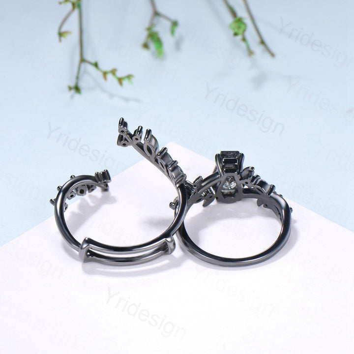 Gothic coffin cut black rutilated quartz engagement ring set black gold cluster engagement ring leaf vine nature inspired agate wedding set - PENFINE
