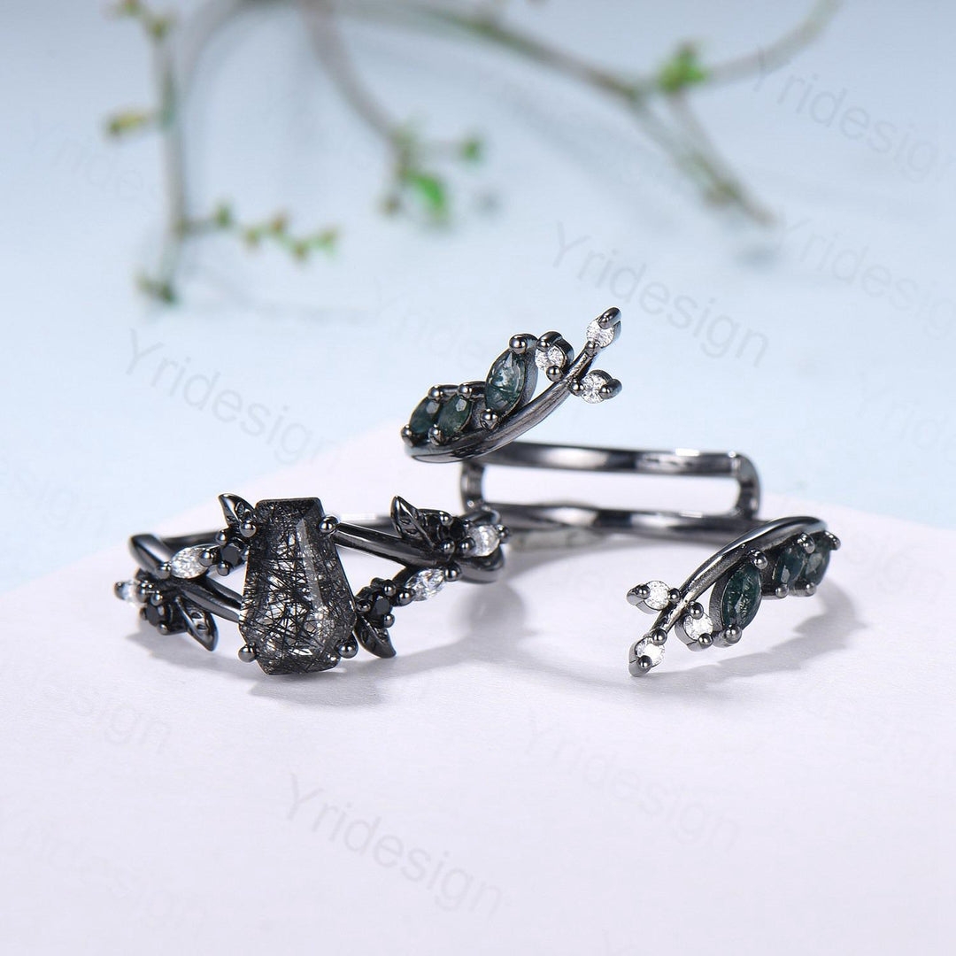 Gothic coffin cut black rutilated quartz engagement ring set black gold cluster engagement ring leaf vine nature inspired agate wedding set - PENFINE