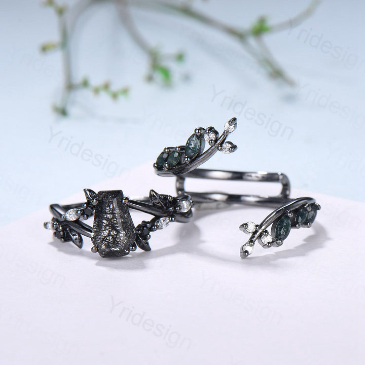 Gothic coffin cut black rutilated quartz engagement ring set black gold cluster engagement ring leaf vine nature inspired agate wedding set - PENFINE