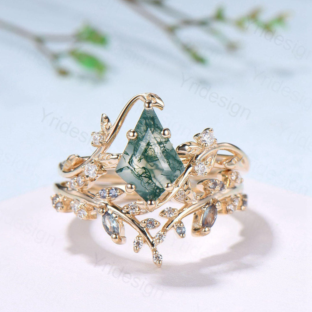Willow Kite Cut Moss Agate Engagement Ring Set | Leaf Vine Alexandrite Bridal Set 2pcs - PENFINE