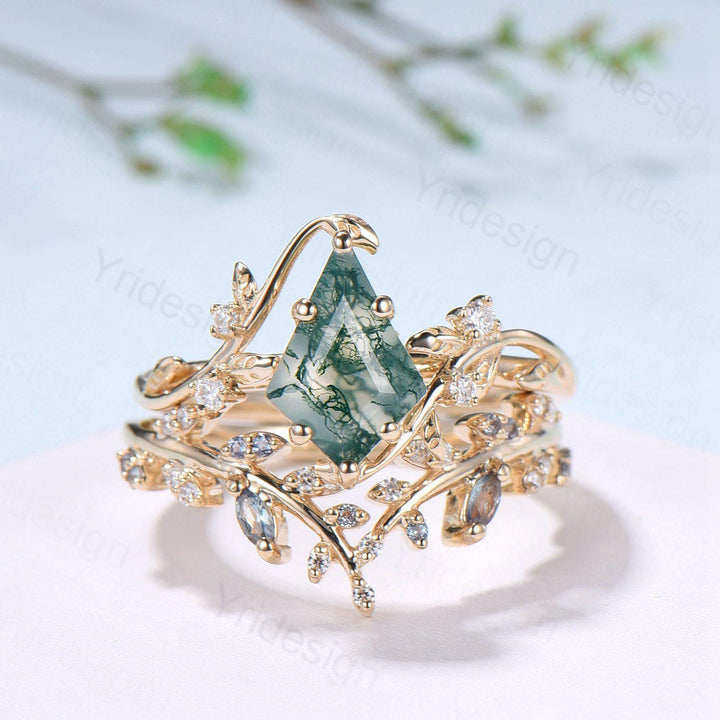 Willow Kite Cut Moss Agate Engagement Ring Set | Leaf Vine Alexandrite Bridal Set 2pcs - PENFINE