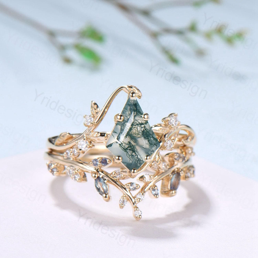 Willow Kite Cut Moss Agate Engagement Ring Set | Leaf Vine Alexandrite Bridal Set 2pcs - PENFINE