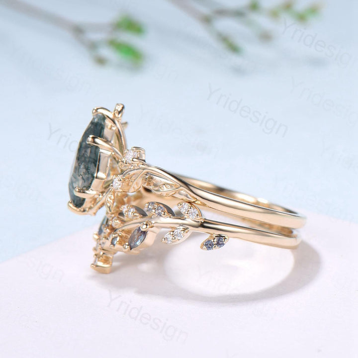 Willow Kite Cut Moss Agate Engagement Ring Set | Leaf Vine Alexandrite Bridal Set 2pcs - PENFINE
