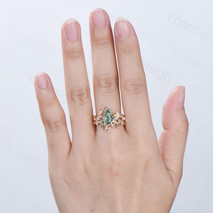 Willow Kite Cut Moss Agate Engagement Ring Set | Leaf Vine Alexandrite Bridal Set 2pcs - PENFINE