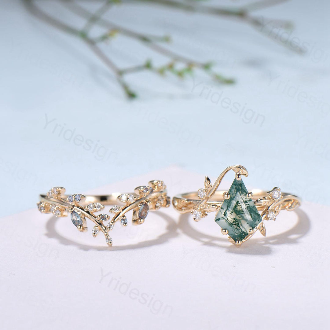Willow Kite Cut Moss Agate Engagement Ring Set | Leaf Vine Alexandrite Bridal Set 2pcs - PENFINE