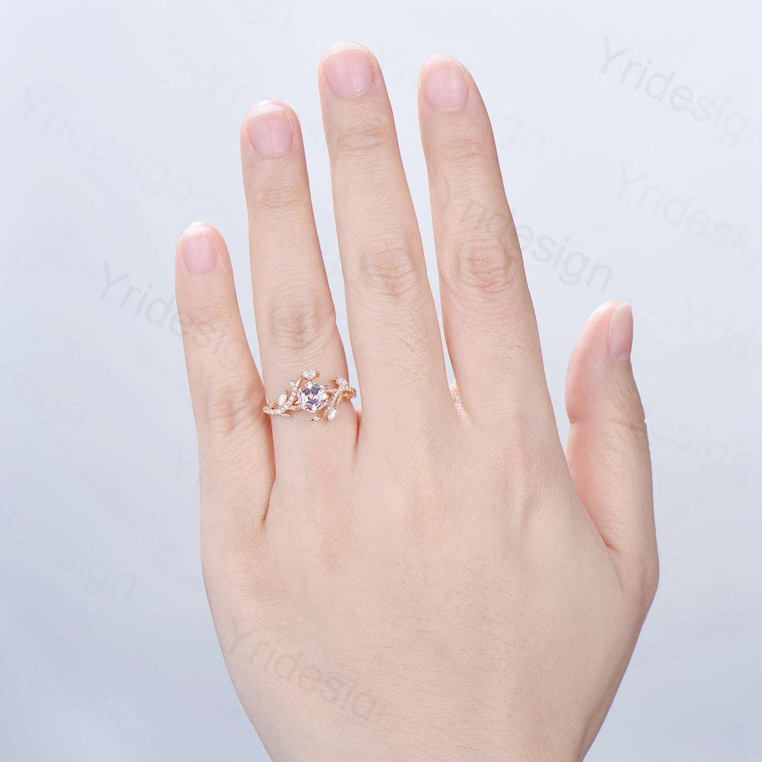 Leaf Vine Hexagon  Cut Pink Sapphire Engagement Ring, Twig Branch Nature Inspired Pink Gemstone Rose Gold Promise Ring - PENFINE